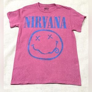NIRVANA Pink Smiley Face Tee Distressed Grunge Band Shirt Unisex Small
